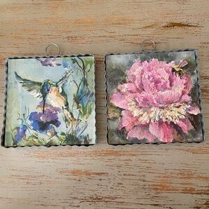 Set/2 Mini Hummingbird and pink peony with a bee print in galvanized tin frame
